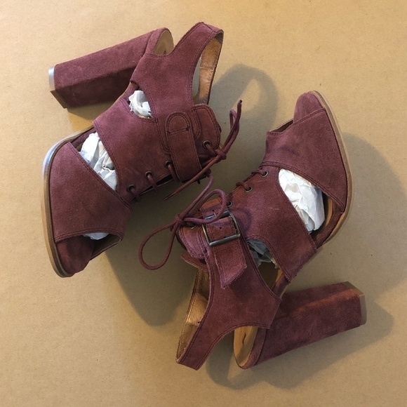 SCHULER & SONS Slingback Heels Womens 8 Burgundy Open Toe Suede Anthropologie - Picture 8 of 10